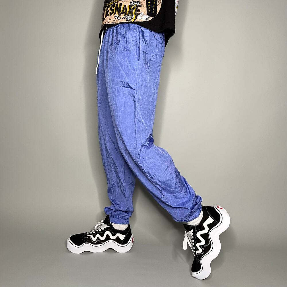 Vintage 90s Track Pants Mens M Relaxed Fit Violet Blue Nylon Joggers Elastic